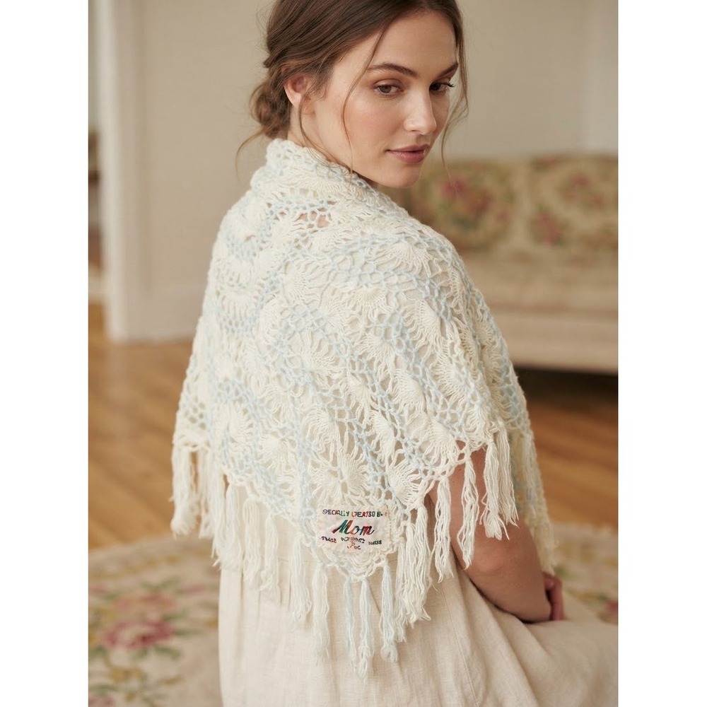 Vintage Handmade Crochet Shawl Ivory Blue Fringe Triangle Wrap Cottagecore Boho